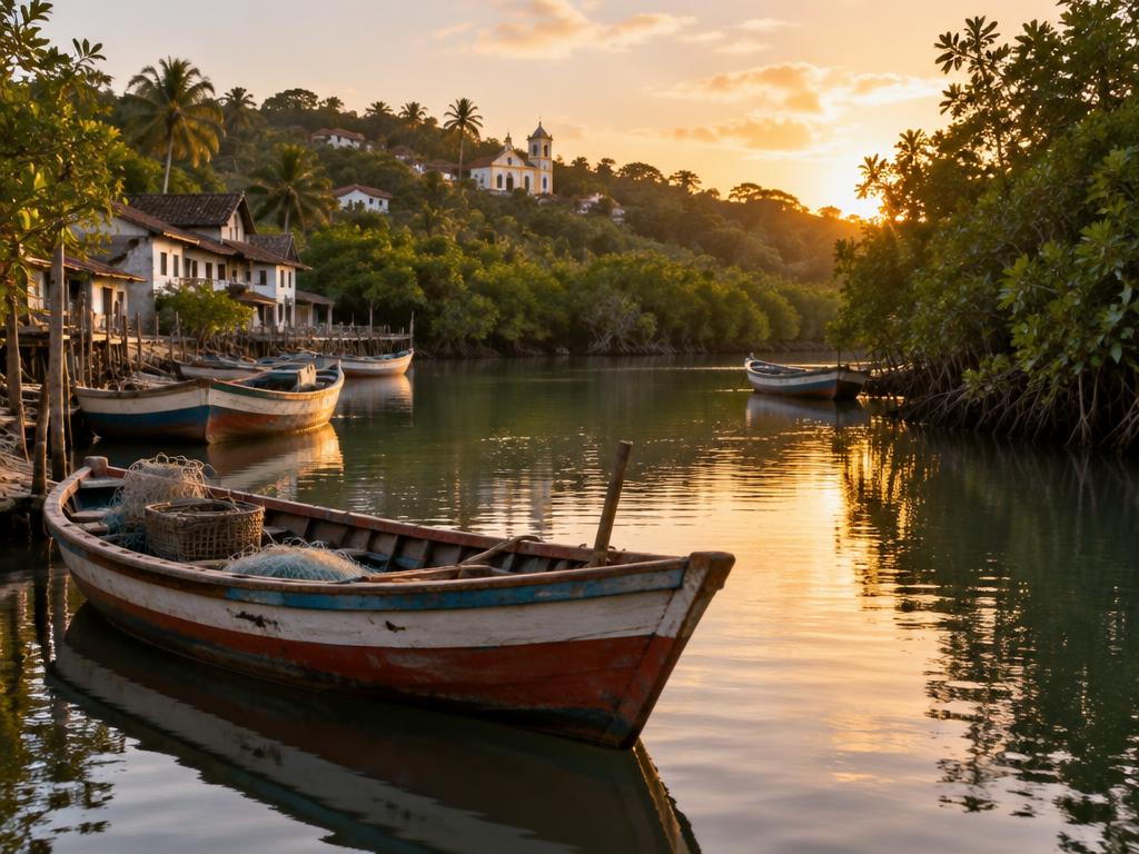 Barcos de pescadores no rio em Cairu ao entardecer